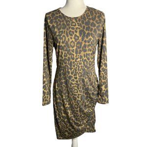 Sexy Mama Maternity Leopard Dress 2 Brown Long Sleeve Ruched Side Stretchy
